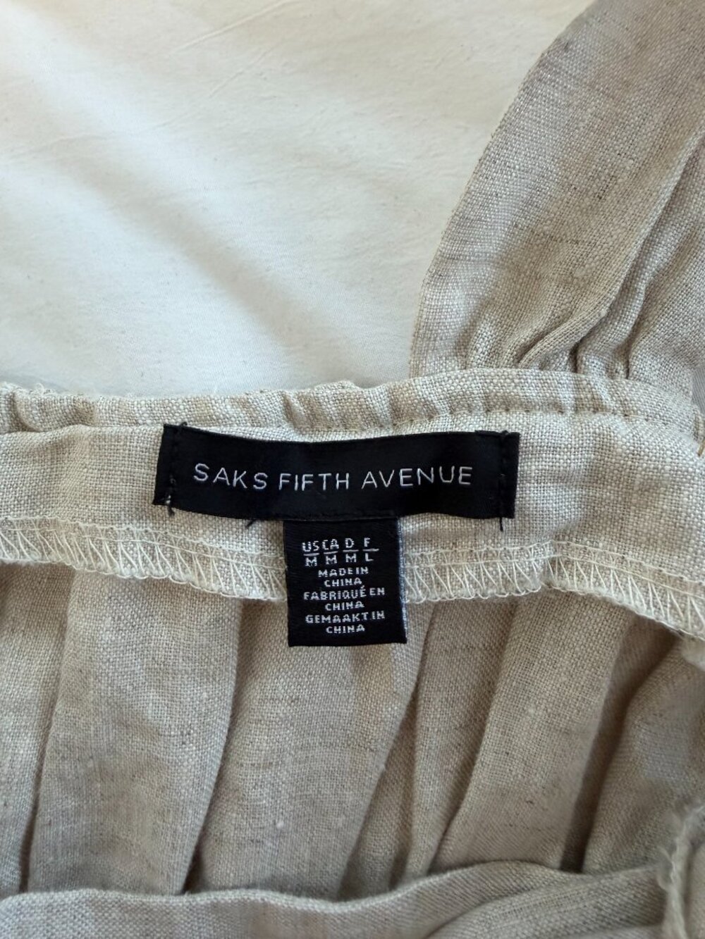 Saks Fifth Avenue 100% Linen Smocked Midi Maxi Dress Pockets Oatmeal Medium - Picture 5 of 10